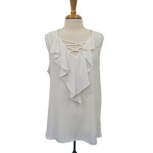 Sami & Jo Womens Sleeveless Ruffle Blouse Plus Size 2X‎ White Criss-Cross Neck